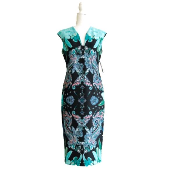 New York & Company Dress Black Blue Paisley Floral Cap Sleeve Midi Small NEW - Picture 1 of 12
